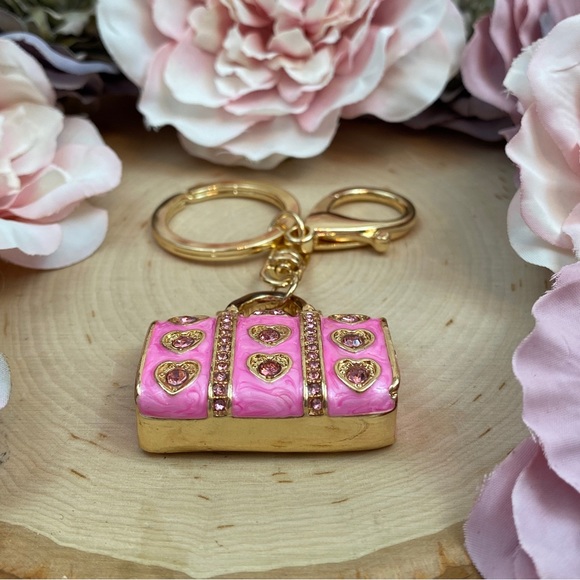 Chic Pink Crystal Heart Handbag Keychain Charm - Picture 7 of 9